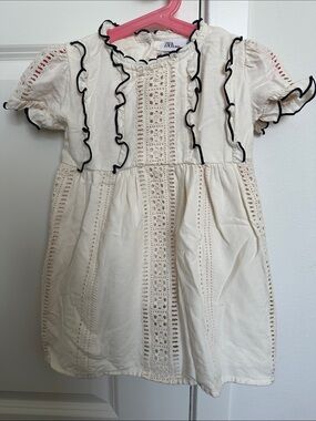 Zara Cream Eyelet Dress with Black Ruffle Detail